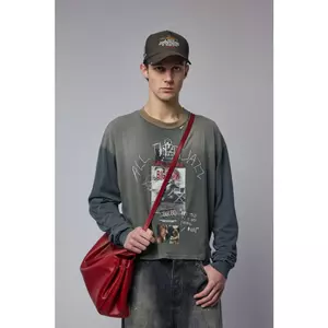 Phim Vintage Cắt In Hình Crop Dài Tay Top Đau Khổ Grunge Rửa Màu Sắc Tương Phản Cổ Tròn Tee