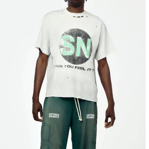 Unisex Vintage Washed Splash Áo thun ngắn tay đau khổ có in chữ "SN Can You Feel It"