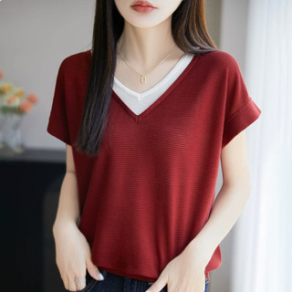 F Giả Hai Mảnh Khâu Mỏng Hơn Nhìn Burgundy Dệt Kim Tay Ngắn Nữ Mỏng Đi Lại Mùa Hè