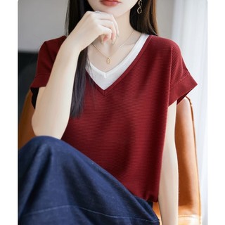 F Giả Hai Mảnh Khâu Mỏng Hơn Nhìn Burgundy Dệt Kim Tay Ngắn Nữ Mỏng Đi Lại Mùa Hè