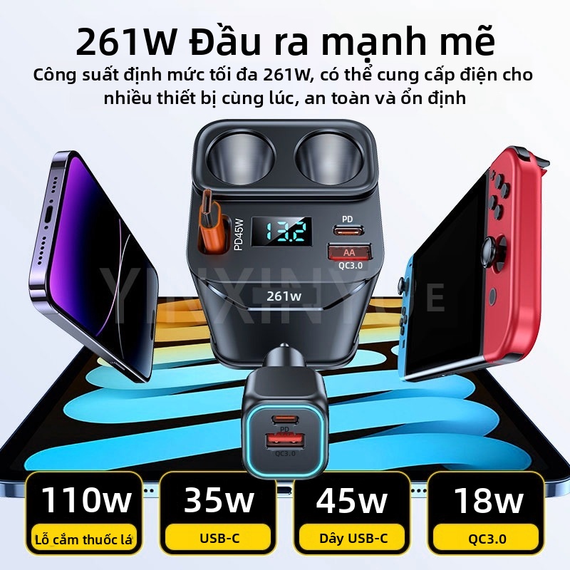 Bộ chia sạc nhanh ô tô, Bộ nguồn DC Bộ chia sạc ô tô công suất 12v / 24v 171W Hỗ trợ sạc nhanh Loại C 171W và QC3.0