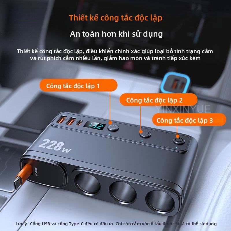 Bộ sạc ô tô 228W Bộ sạc nhanh 12v 24v loại c Điện áp Màn hình kỹ thuật số Bật lửa thuốc lá