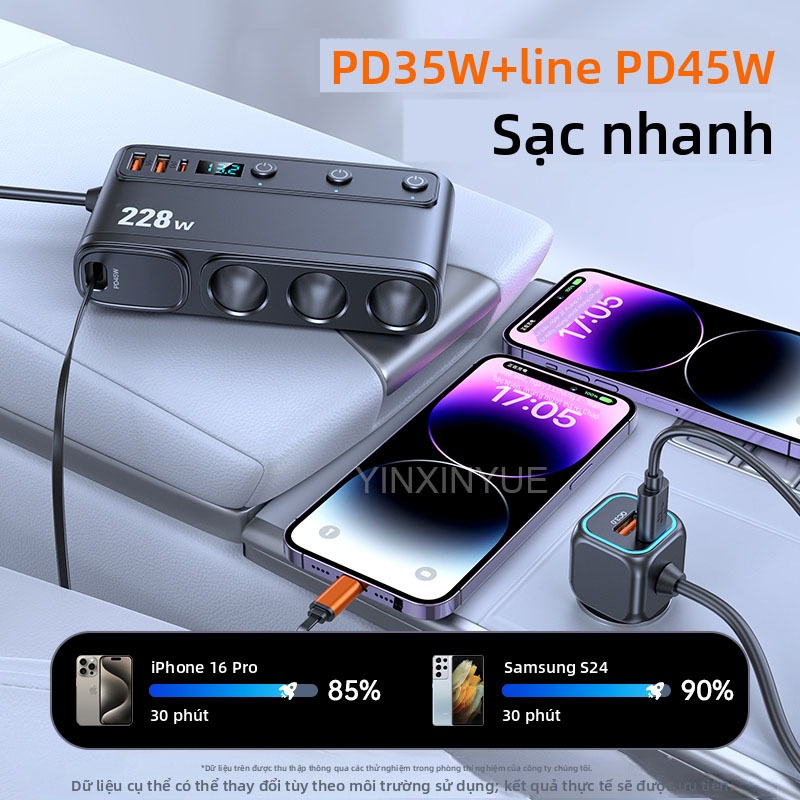 Bộ sạc ô tô 228W Bộ sạc nhanh 12v 24v loại c Điện áp Màn hình kỹ thuật số Bật lửa thuốc lá