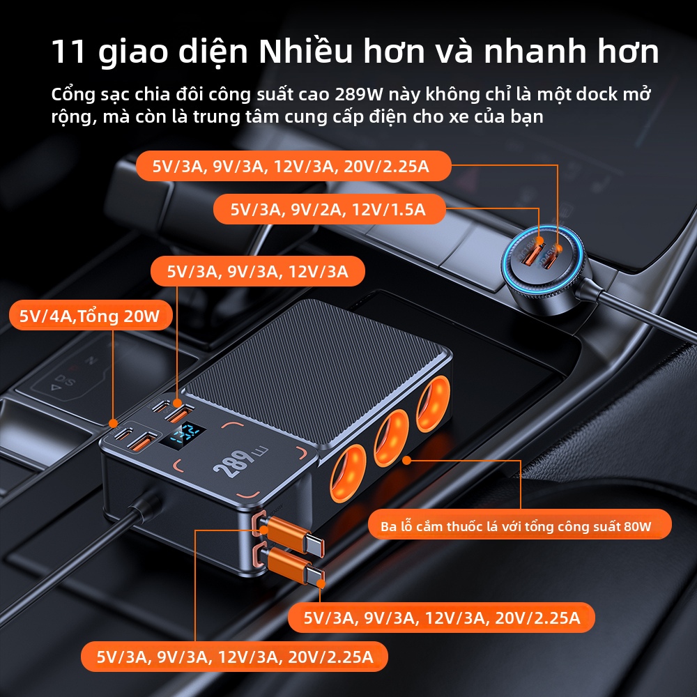 Bộ sạc ô tô 127w pd + qc3.0 bộ chuyển đổi sạc nhanh 3-socket power splitter 12-24v với 4 cổng usb công tắc bật-tắt màn hình volatge cho xe tải suv homm