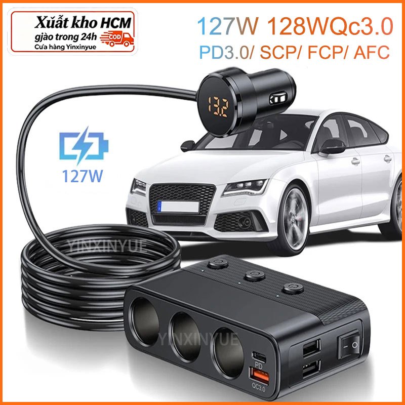 Bộ chia bật lửa thuốc lá ô tô sạc nhanh 3.0 và bộ sạc USB C 20W công suất cao 128W 12V/24V với 3 ổ cắm