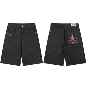 Quần short in hình cá Koi Denim đen Unisex