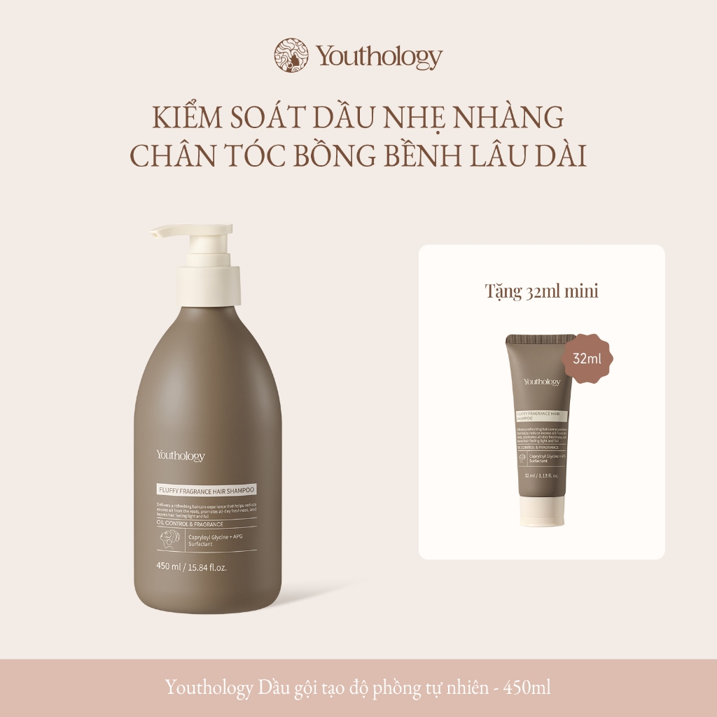 Youthology Dầu Gội Đầu Tạo Phồng 450ml - Hương Thơm Lâu, Nâng Chân Tóc, Giảm Bết Dầu, Tóc Bồng Bềnh Tự Nhiên