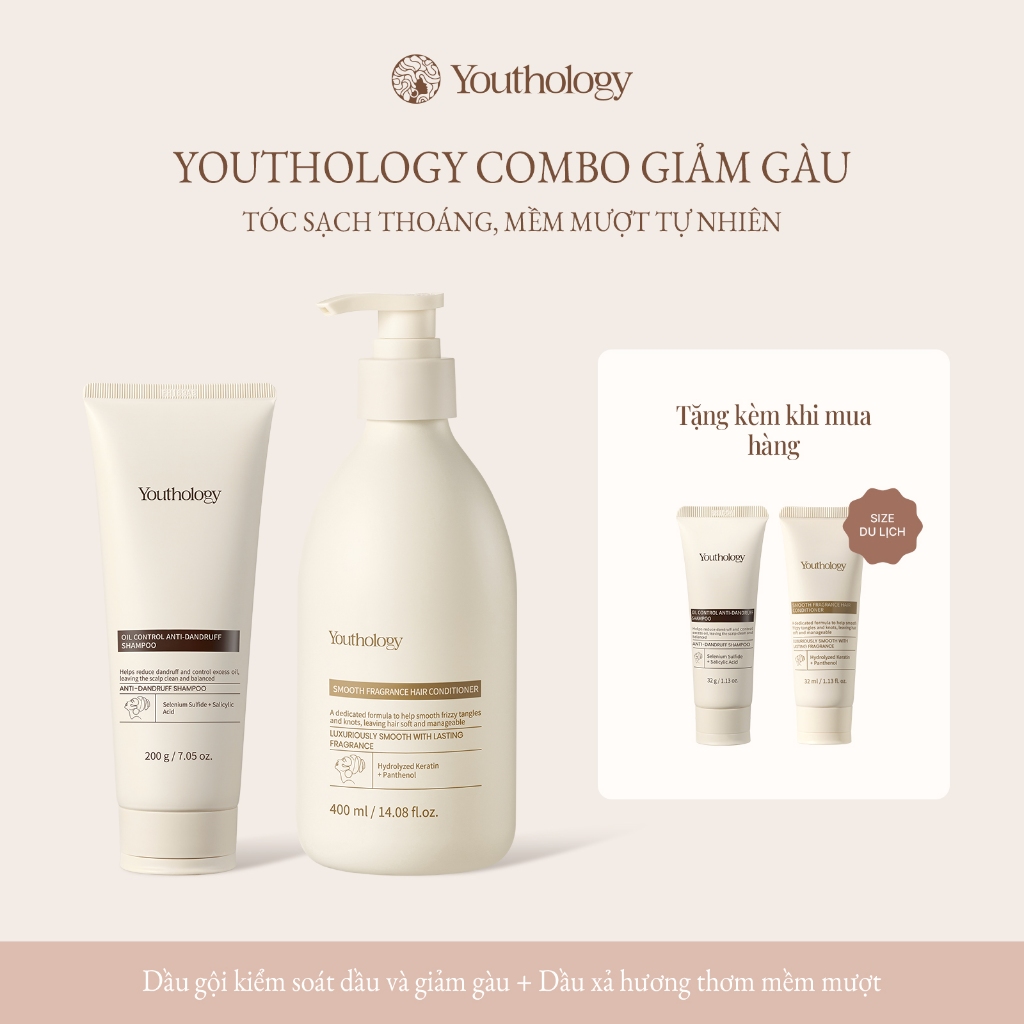 Youthology Bộ Dầu Gội Kiểm Soát Dầu & Ngừa Gàu + Dầu Xả Mềm Mượt | Phục Hồi Tóc Hư Tổn, Thơm Lâu