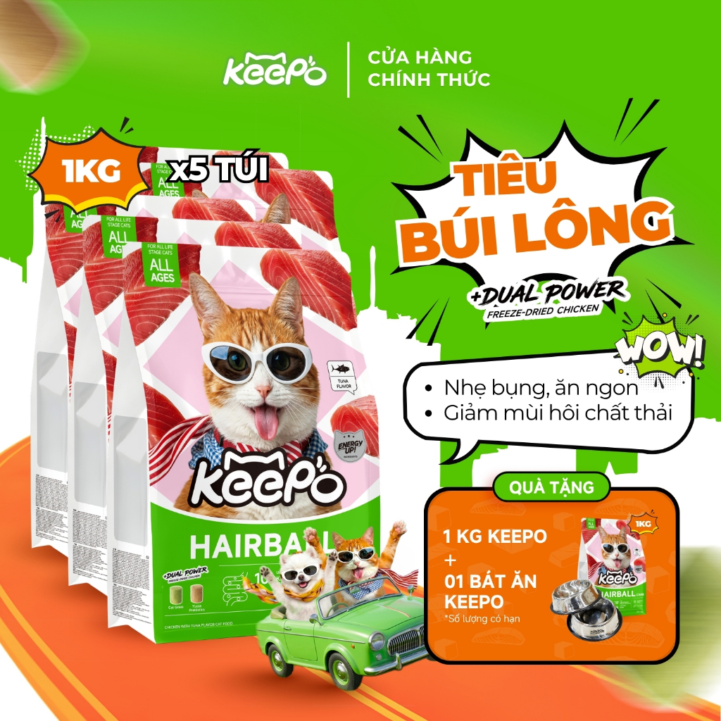 [Mua 5 tặng 1] Thức ăn cho mèo KEEPO K2 Combo 5 Gói 1KG giảm rụng lông, kiểm soát mùi hôi chất thải