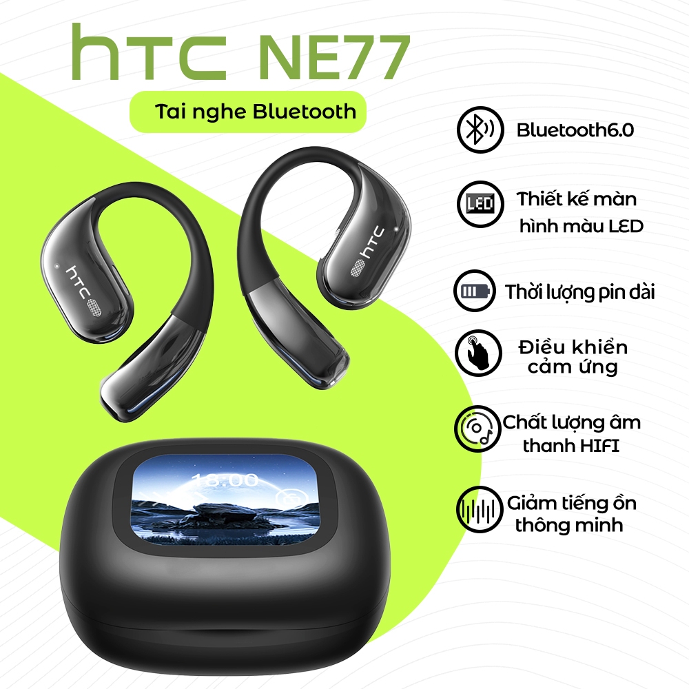 HTC NE77 Tai nghe Open-Ear OWS kèm hộp sạc có màn hình cảm ứng thông minh, truyền tải âm thanh không suy hao (lossless) qua Bluetooth 6.0, âm thanh Hi-Fi nguyên bản và khả năng kháng nước chuẩn IPX5 dành cho thể thao. | BigBuy360 - bigbuy360.vn