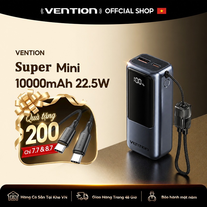 【Hàng mới 2026】Vention Sạc dự phòng 10000mAh có dây đeo và cáp Type-C tích hợp sạc nhanh 22.5W hoàn hảo cho du lịch bảo hành chính hãng Dùng được cho IPhone, Samsung, Xiaomi, Vivo, OPPO.