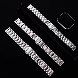 Dây thép đồng hồ thép không gỉ 00985|Dây đeo thay thế bằng thép không gỉ ba hạt|Đa kích thước 14 / 16 / 18mm|Phụ kiện dây chuyền đồng hồ kim loại Unisex khóa đôi