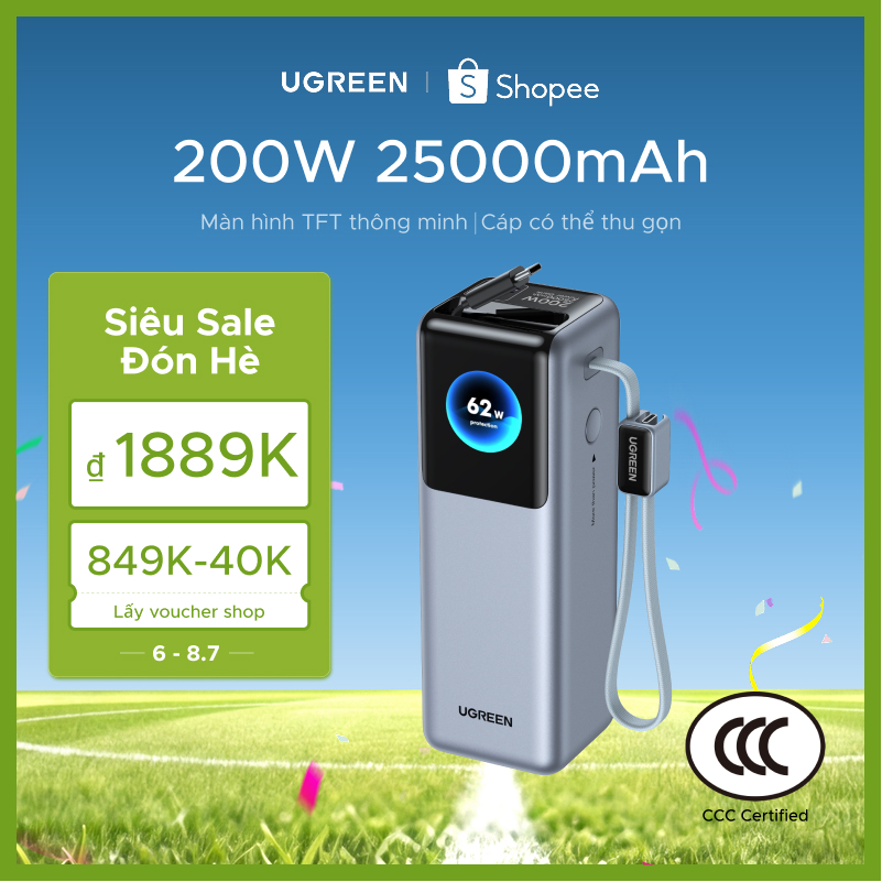 【Được chứng nhận CCC】UGREEN 200W 25000mAh Sạc nhanh Power Bank Cáp tích hợp kép Màn hình TFT thông minh Sạc pin cao cấp ô tô 4 thiết bị Tương thích cho Macbook Pro iPhone 17 Pro Max