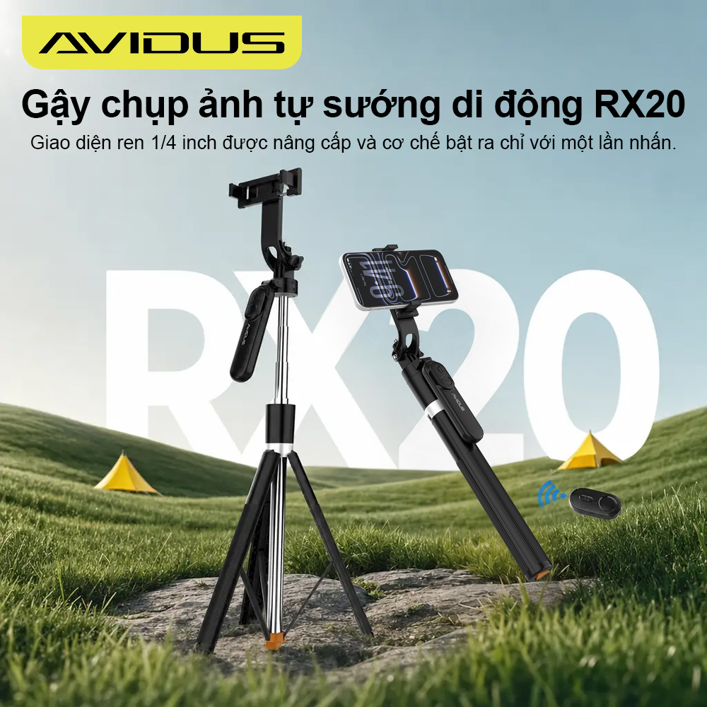 AVIDUS RX20 Gậy Selfie 183cm có điều khiển từ xa Bluetooth Chất liệu hợp kim nhôm Chân máy di động bốn trục chống rung có thể thu vào