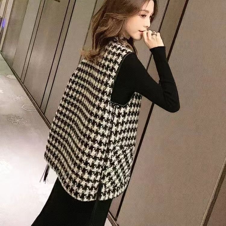 Plus Size Vest Nữ Qianniao Lưới Nhỏ Thơm Phong Cách Phù Hợp Với Cổ Mới Giữa Chiều Dài Không Tay Phong Cách