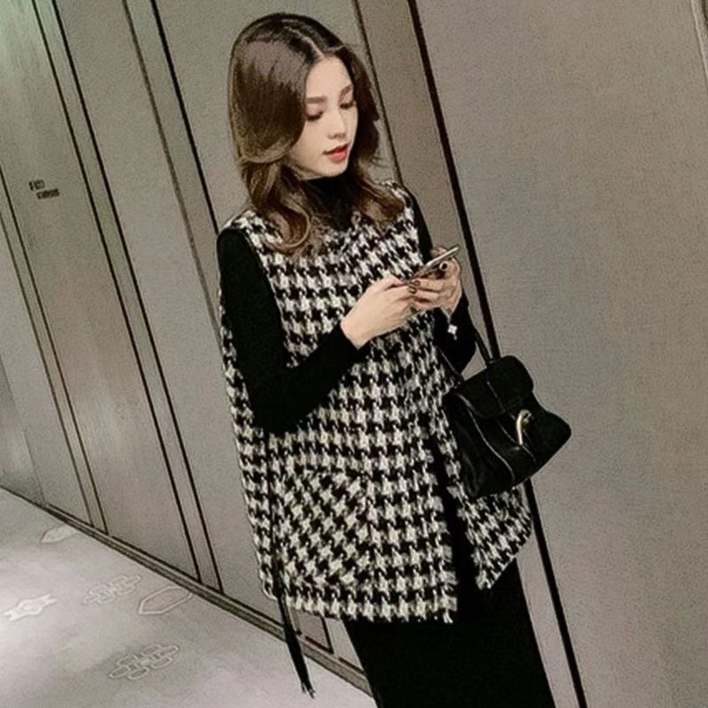 Plus Size Vest Nữ Qianniao Lưới Nhỏ Thơm Phong Cách Phù Hợp Với Cổ Mới Giữa Chiều Dài Không Tay Phong Cách