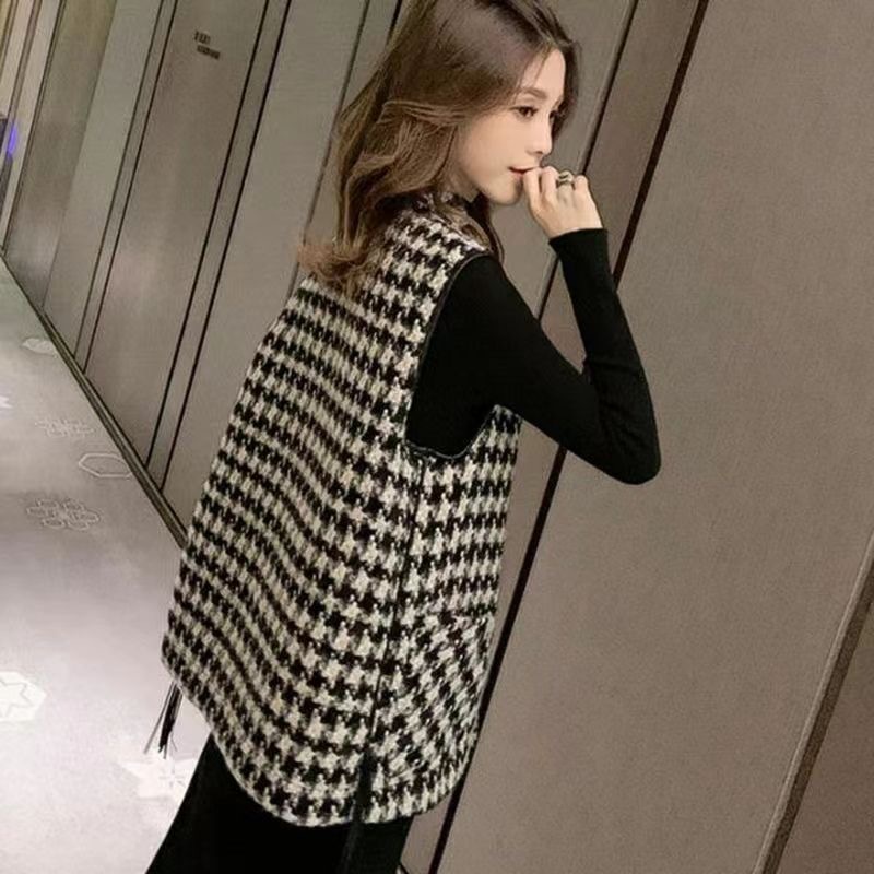 Plus Size Vest Nữ Qianniao Lưới Nhỏ Thơm Phong Cách Phù Hợp Với Cổ Mới Giữa Chiều Dài Không Tay Phong Cách