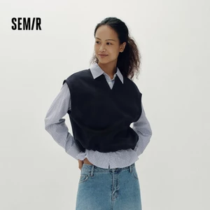Semir Nữ Kẻ Sọc Áo Sơ Mi Tay Dài Hai Mảnh Cổ Chữ V Dây Rút Áo Bộ Mùa Thu 2026 Rời Vintage Áo
