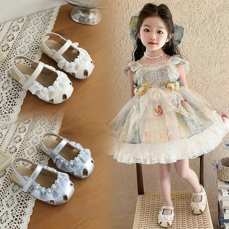 Giày trẻ em công chúa ren hai màu bạc màu be, thiết kế ren dễ thương, Dép bán chạy cho bé gái mùa hè