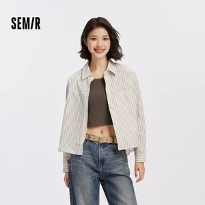 Semir Nữ Họa Tiết Sọc Áo Sơ Mi Tay Dài Hai Mảnh Cổ Tròn Bộ Áo Thun Mùa Thu 2026 Rời Văn Phòng Áo Sơ Mi Thường Ngày