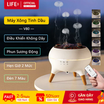 3Life Máy Xông Tinh Dầu V80 Đèn 7 Màu Hẹn Giờ 2 Mức Phun Sương Động Essential Oil Diffuser Máy Khuếch Tán Tinh Dầu Máy Phun Tinh Dầu Thơm Phòng