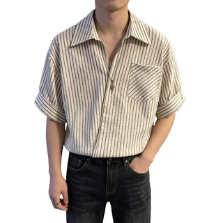 Sơ mi ngắn tay kẻ sọc vải bong bóng unisex, sơ mi khoác ngoài thanh lịch mùa hè nam nữ