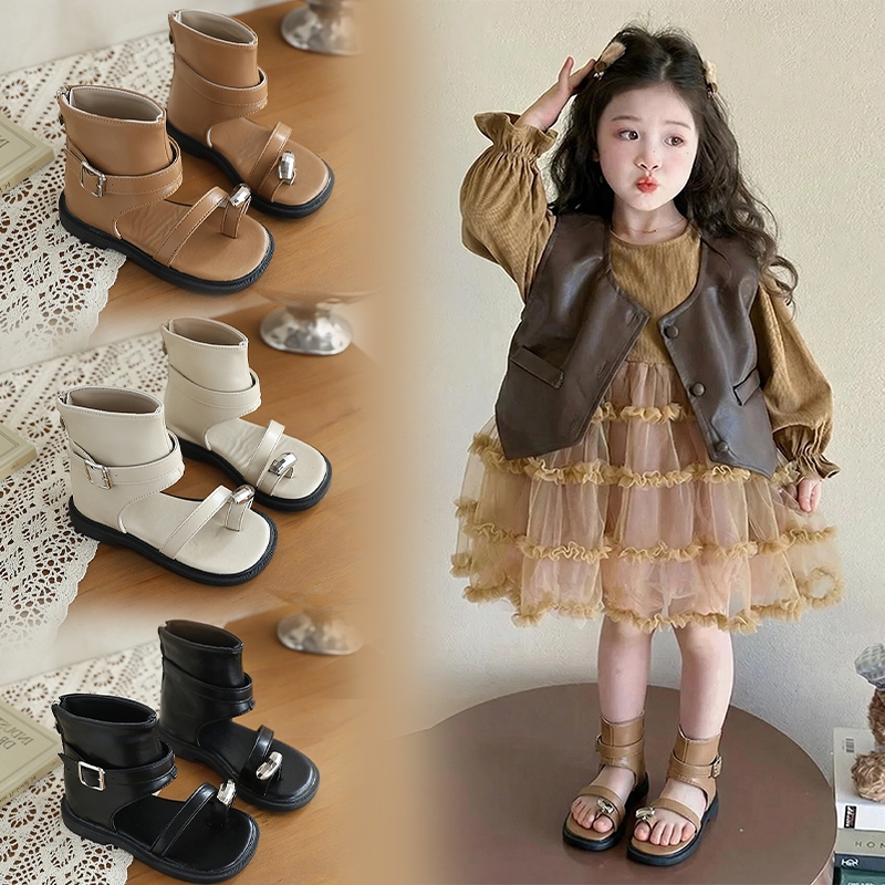 Giày sandal cao cổ kẹp ngón trẻ em khóa kim loại vuông, ba màu nâu kem đen đế mềm chống trượt mùa hè