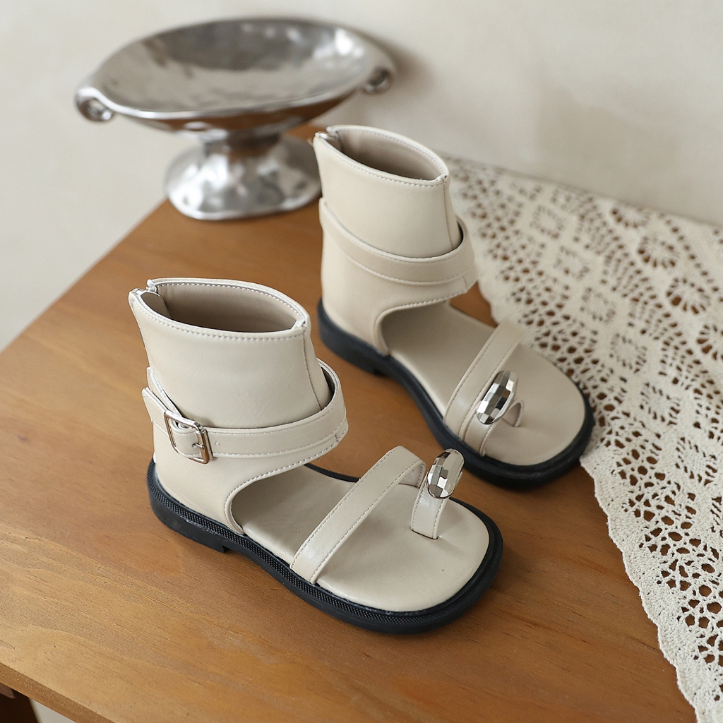 Giày sandal cao cổ kẹp ngón trẻ em khóa kim loại vuông, ba màu nâu kem đen đế mềm chống trượt mùa hè