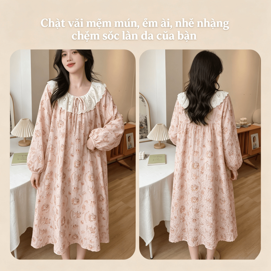 Bộ đồ ngủ nữ dễ thương mới thu xuân 2026: Áo cổ bẻ viền ren + quần cotton mát, in hình ngọt ngào【mặc nhà hay dạo phố đều đẹp】