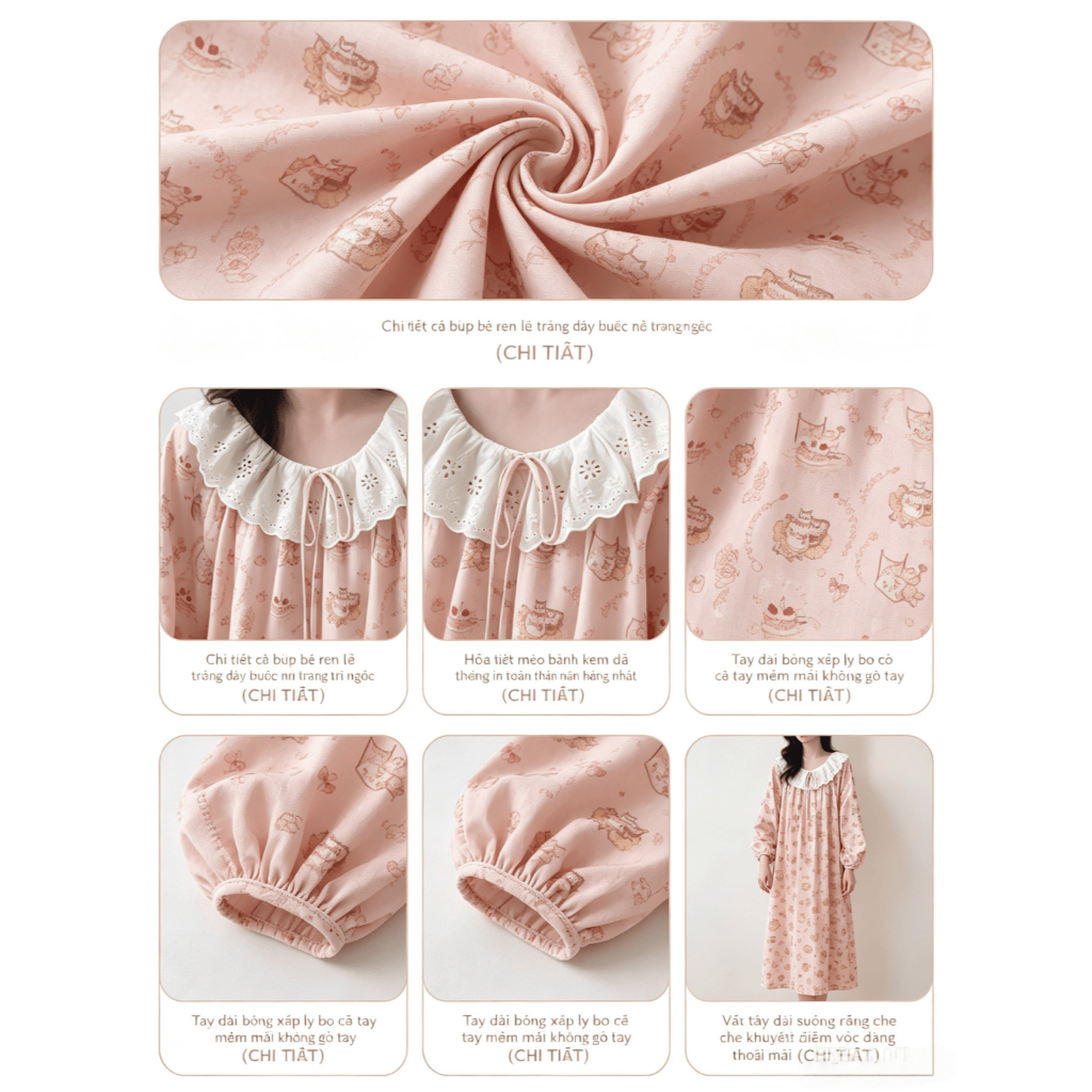 Bộ đồ ngủ nữ dễ thương mới thu xuân 2026: Áo cổ bẻ viền ren + quần cotton mát, in hình ngọt ngào【mặc nhà hay dạo phố đều đẹp】
