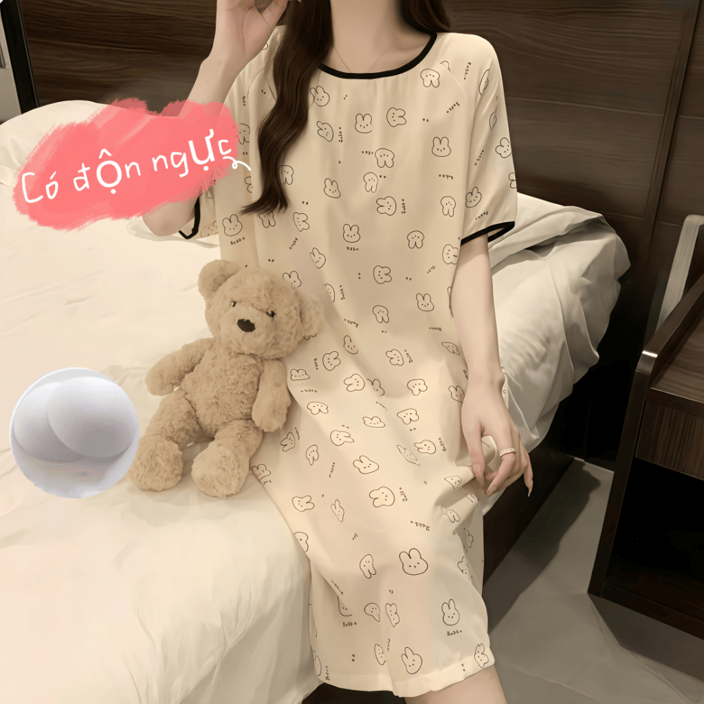 【Có độn ngực】Đầm ngủ nữ dáng dài dễ thương mới hè 2026: Áo ngủ cotton mát cổ tròn tay ngắn, in hình hoạt hình ngọt ngào xinh xắn【mặc nhà hay dạo phố đều đẹp】