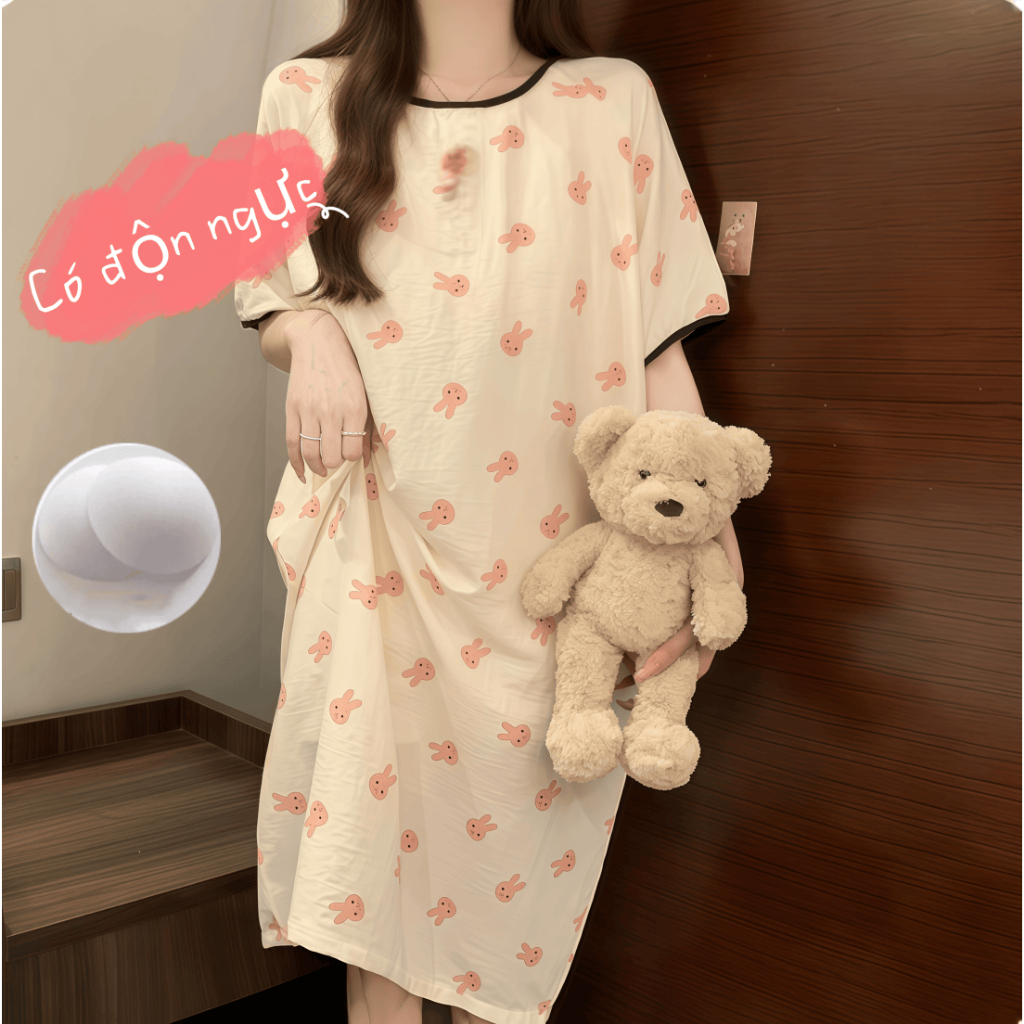 【Có độn ngực】Đầm ngủ nữ dáng dài dễ thương mới hè 2026: Áo ngủ cotton mát cổ tròn tay ngắn, in hình hoạt hình ngọt ngào xinh xắn【mặc nhà hay dạo phố đều đẹp】