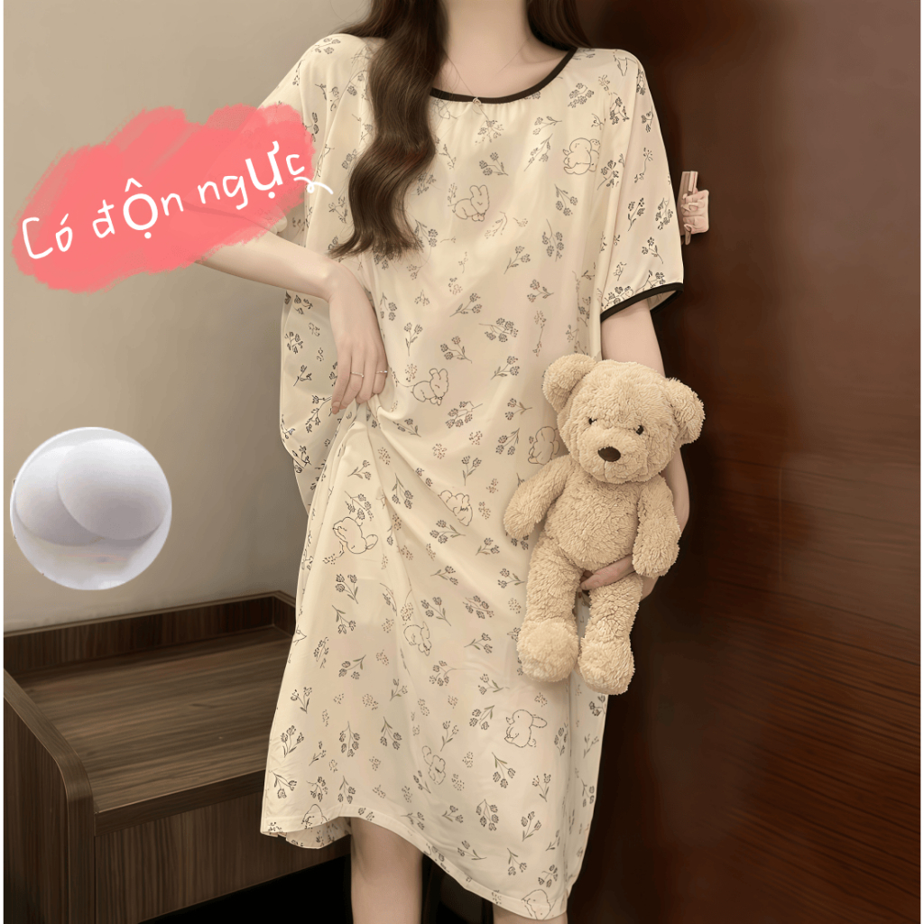 【Có độn ngực】Đầm ngủ nữ dáng dài dễ thương mới hè 2026: Áo ngủ cotton mát cổ tròn tay ngắn, in hình hoạt hình ngọt ngào xinh xắn【mặc nhà hay dạo phố đều đẹp】