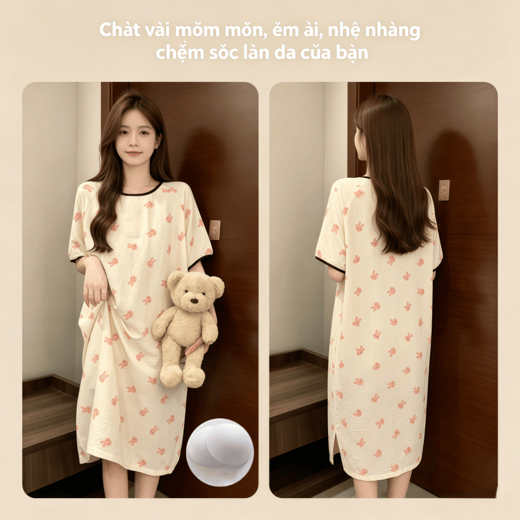 【Có độn ngực】Đầm ngủ nữ dáng dài dễ thương mới hè 2026: Áo ngủ cotton mát cổ tròn tay ngắn, in hình hoạt hình ngọt ngào xinh xắn【mặc nhà hay dạo phố đều đẹp】