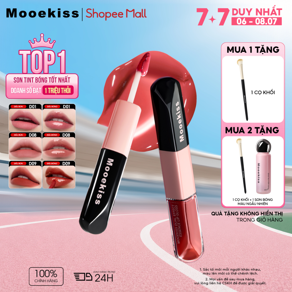 Son Kem Mooekiss 2 Đầu Lì Và Bóng, Dưỡng Ẩm, Lâu Trôi, Môi Mềm Mịn, Không Khô 6ml