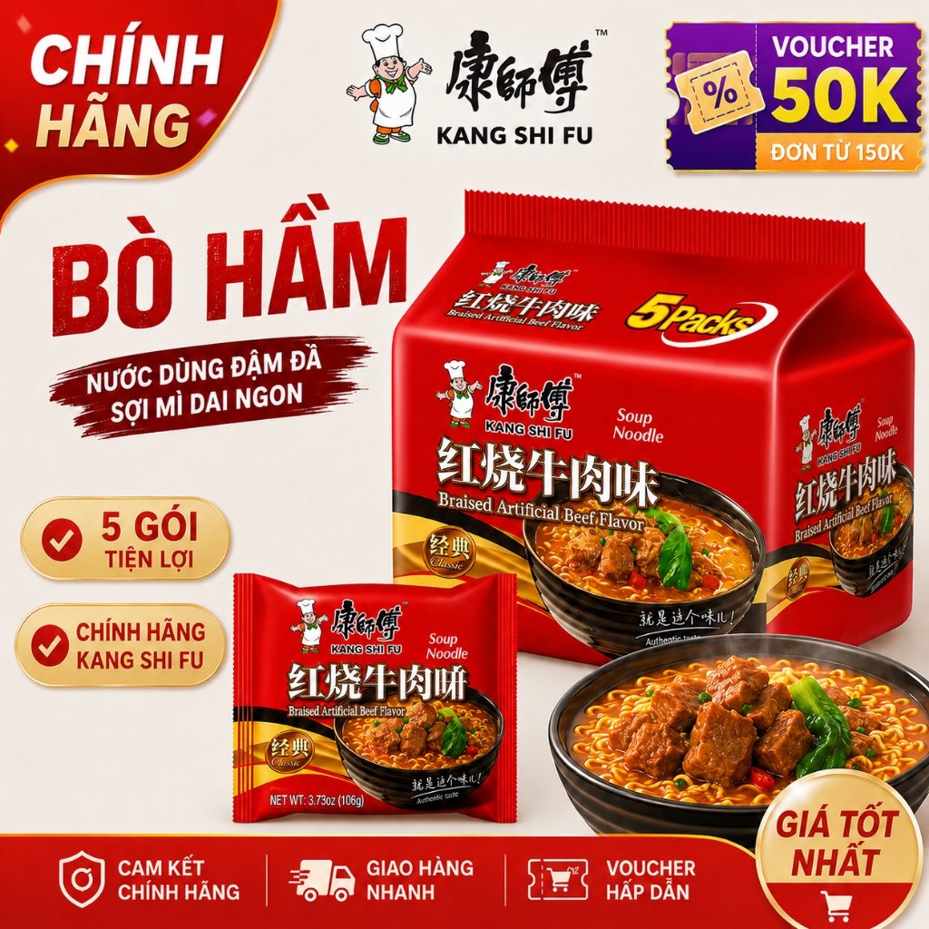 Lốc 5 gói mì ăn liền KANG SHI FU vị bò hầm, Nước dùng đậm đà, thơm ngon hấp dẫn, 106g/gói