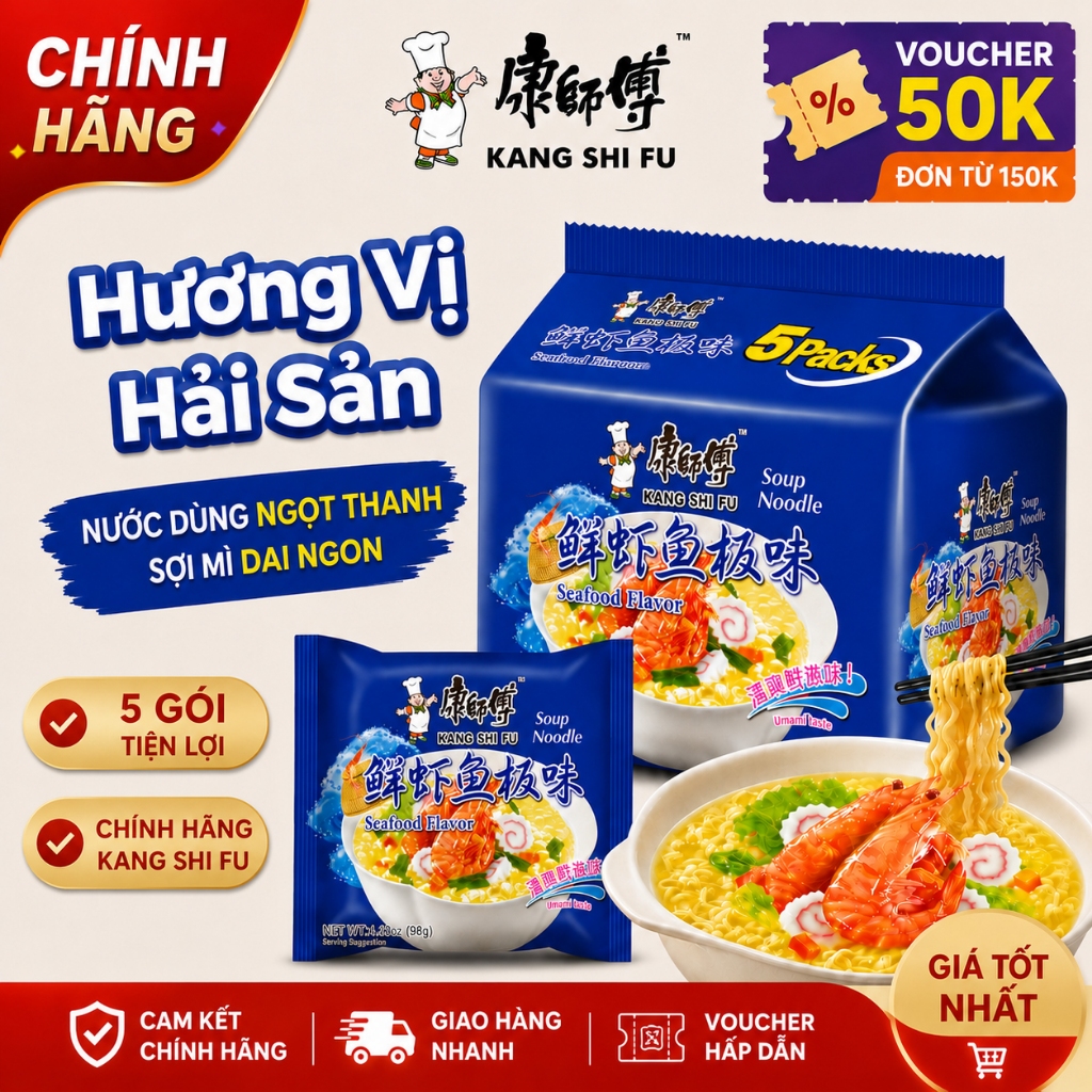 Lốc 5 gói mì ăn liền KANG SHI FU vị gà hầm nấm,  Nước dùng đậm đà, thơm ngon hấp dẫn, 100g/gói