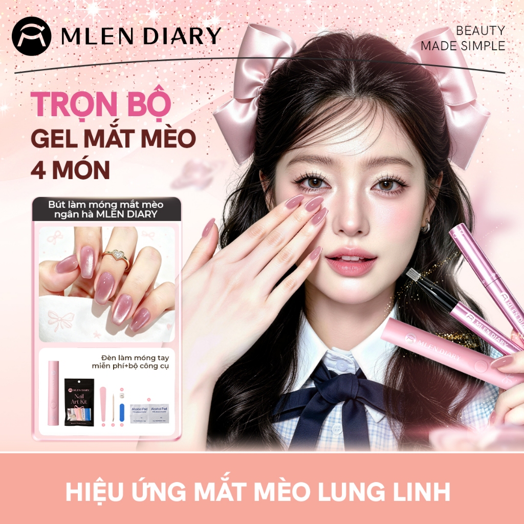MLEN DIARY Bộ Sơn Móng Tay Mắt Mèo - Bao Gồm Bút Vẽ Móng, Bộ Dụng Cụ & Đèn Hơ Gel Tia Đơn, Hiệu Ứng Thiên Hà Lấp Láng, Bộ Dụng Cụ Làm Móng Tại Nhà Cho Người Mới Bắt Đầu