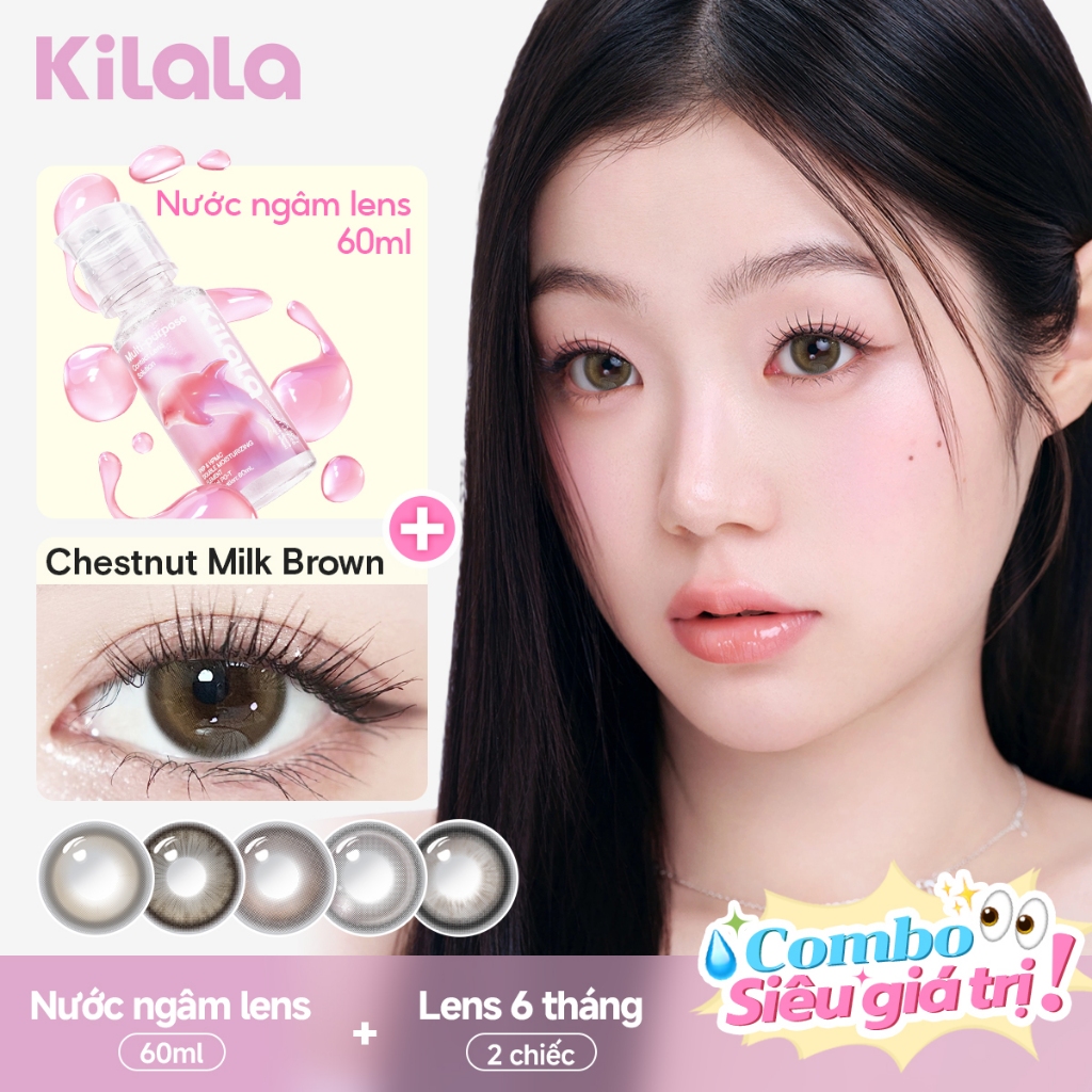 [ Combo ] Kính áp tròng màu Kilala + 60ml Nước ngâm lens Nâu Đen White Peach Brown/Pearly Grey lens cận 6 tháng DIA 14.2mm có độ (0-7) [Giá 2 chiếc lens ]