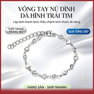 Vòng Tay Nữ Đính Đá Hình Trái Tim Lấp Lánh | Lắc Tay Bạc Điều Chỉnh Kích Thước Làm Quà Tặng Bạn Gái Thời Trang