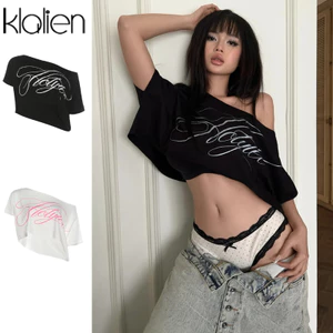 Klalien Xu Hướng In Chữ Áo Thun Nữ Cổ Xiên Cổ Tay Ngắn Chắp Vá Hottie Dạo Phố Đơn Giản Hàng Ngày Crop Tee