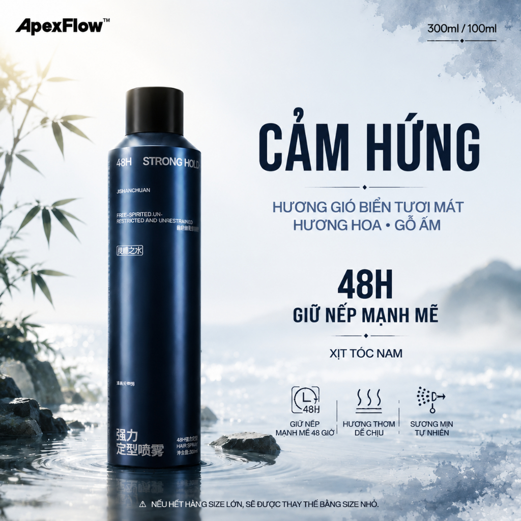 ApexFlow Xịt Tạo Kiểu Tóc Thơm - Giữ Nếp Chắc 48H, Hoàn Thiện Tự Nhiên, Nhẹ Mượt 300ml