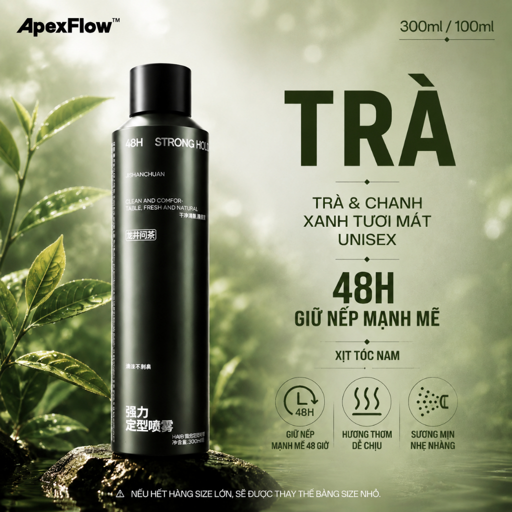 ApexFlow Xịt Tạo Kiểu Thơm - Khô Nhanh, Giữ Nếp 48H, Tạo Phồng, Không Dính, Bóng Tự Nhiên 300ml
