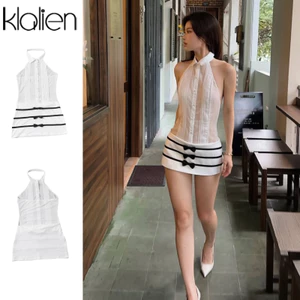 Klalien Đầm một dây nữ có nơ lưới và chắp vá lưng, thiết kế bodycon phù hợp cho bữa tiệc