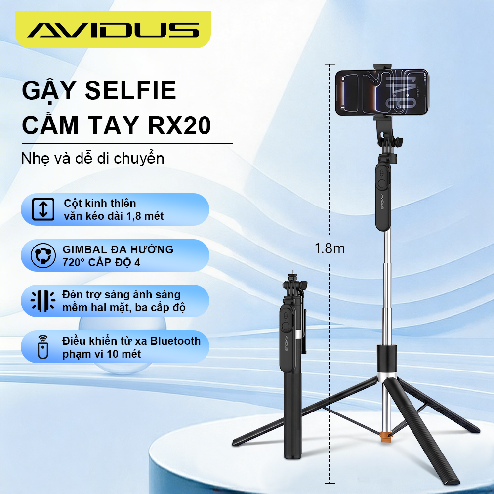 AVIDUS Gậy Selfie RX20 183cm có điều khiển từ xa Bluetooth Chất liệu hợp kim nhôm Chân máy di động bốn trục chống rung có thể thu vào với 3 bánh răng lấp đầy ánh sáng