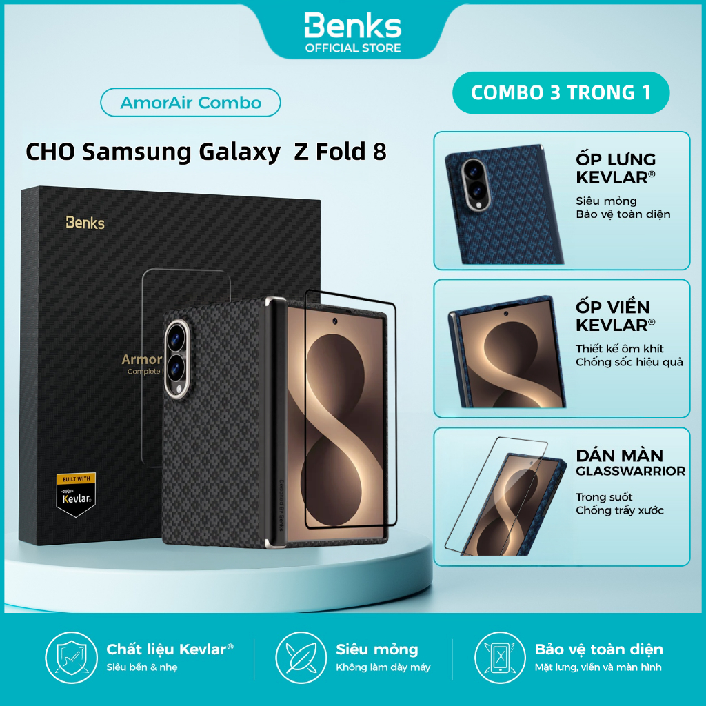 Ốp BENKS [Bộ Combo Siêu Mỏng] Samsung Galaxy Z Fold 8 Ultra/ Fold 8 – Khung Viền + Mặt Lưng + Kính Cường Lực | Sợi Kevlar DuPont Cao Cấp | Tương Thích Nam Châm (MagSafe) | Bảo Vệ Bản Lề | Siêu Mỏng Nhẹ | Flagship Protection Kit Premium