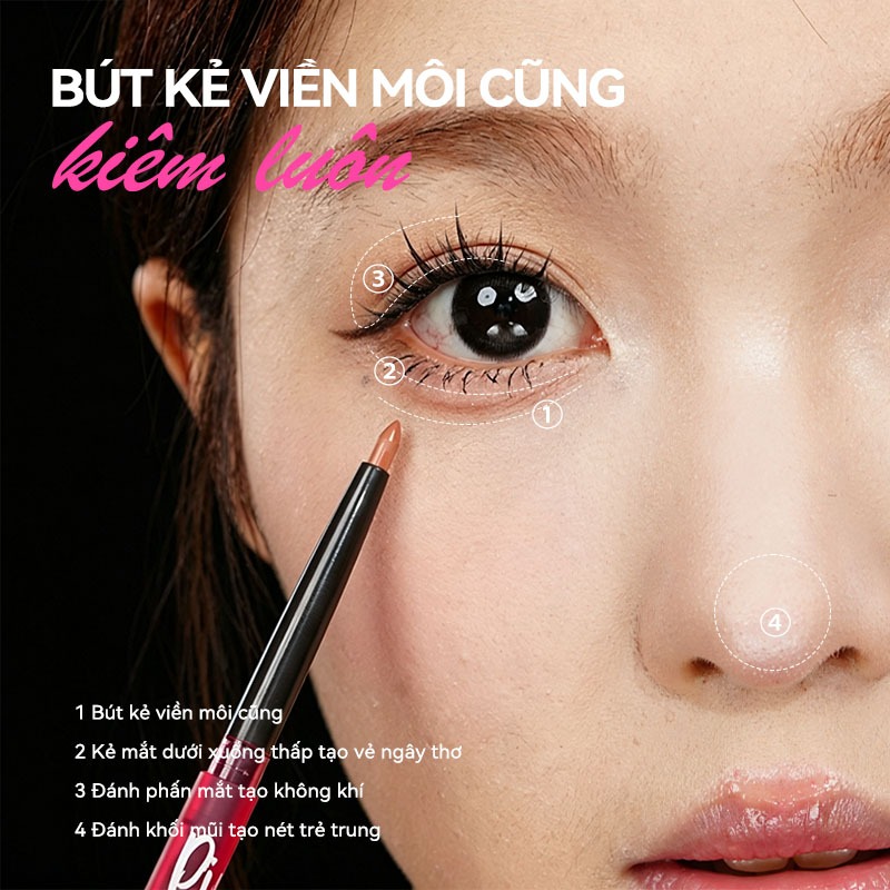 [MỚI] Bút Chì Kẻ Viền Môi PinkPunk 4 in 1 kẻ Bọng Mắt Mở Góc Mắt Tạo Khối Mũi Sáp Kết Cấu Căng Mọng 0.25g