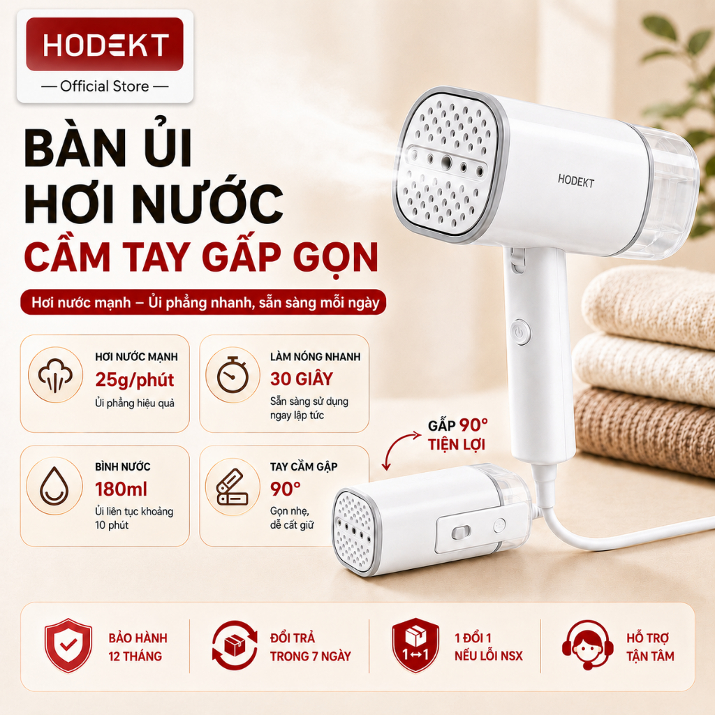Máy Ủi Hơi Cầm Tay HODEKT 1000W Bình Nước 180ml Công Suất Hơi 25g/phút Phù Hợp Mọi Loại Vải