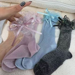 [oklife] Tất ống giữa mỏng lụa bạc Tất lụa trong suốt mùa hè Tất lụa mỏng bán trong suốt Kim cương nóng Tình yêu mùa xuân mùa hè Tất nữ lụa pha lê mỏng