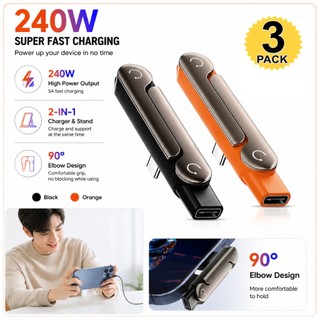 Giá đỡ sạc nhanh 240W 2in1 USB C sang Type C 90° Bộ chuyển đổi cáp dữ liệu trò chơi cổng khuỷu tay Bộ chuyển đổi dây có thể tháo rời